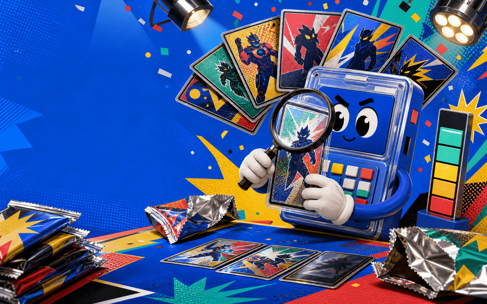 Original BreakMargin calculator mascot inspecting collectible cards at a live break table